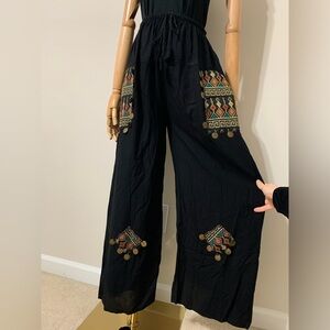 Black Hobo Embroidered Wide Leg Pants